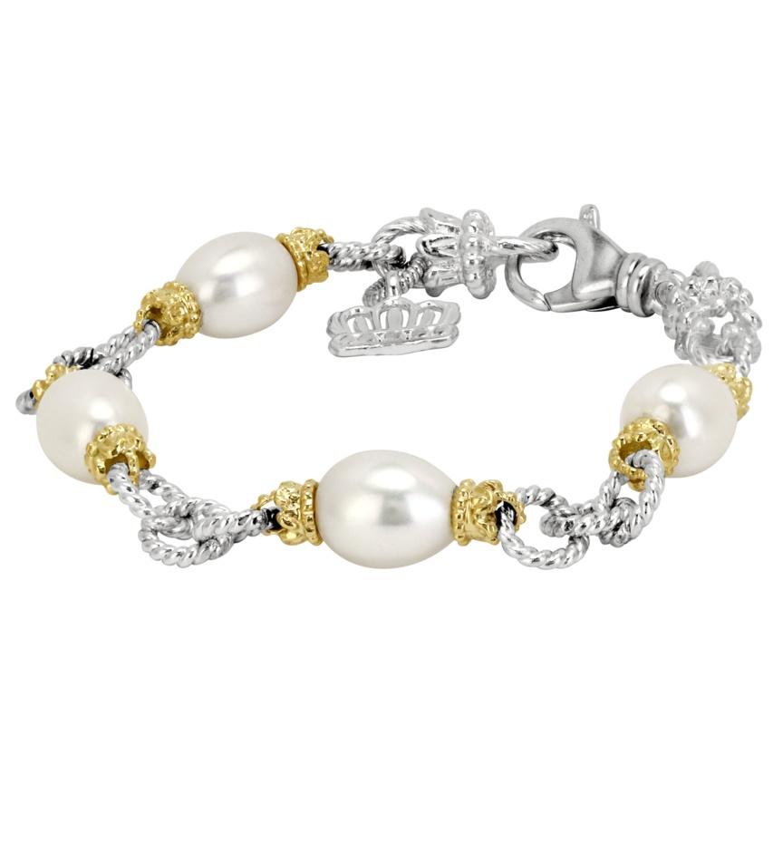 14K Gold and Sterling Silver, Pearl and Chain Bracelet