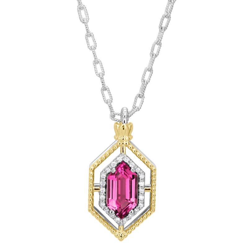14K Gold and Sterling Silver, Pink Topaz and Diamond Pendant Necklace