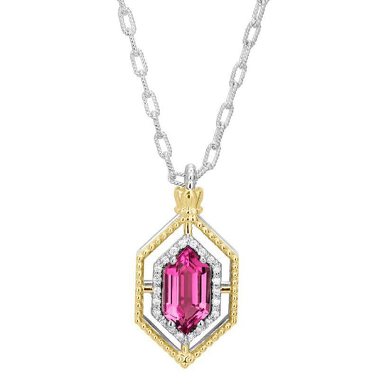14K Gold and Sterling Silver, Pink Topaz and Diamond Pendant Necklace