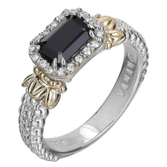 14K Gold and Sterling Silver, Black Onyx and Diamond Ring