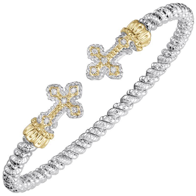 14K Gold and Sterling Silver, Diamond Cross Stackable Cuff Bracelet