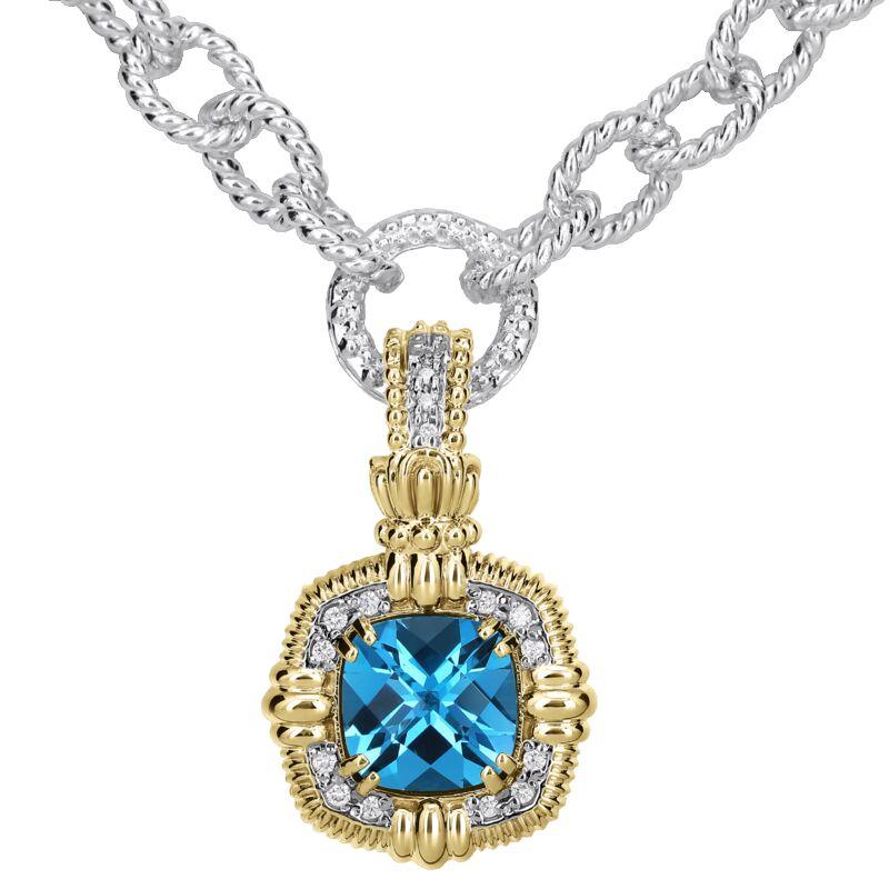 14K Gold and Sterling Silver, London Blue Topaz and Diamond Statement Pendant
