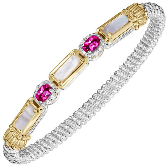 14K Gold and Sterling Silver, Mother of Pearl, Pink Topaz and Diamond Stackable Bracelet