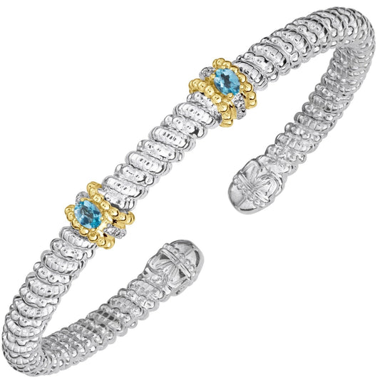 14K Gold and Sterling Silver, Blue Topaz and Diamond Stackable Bracelet
