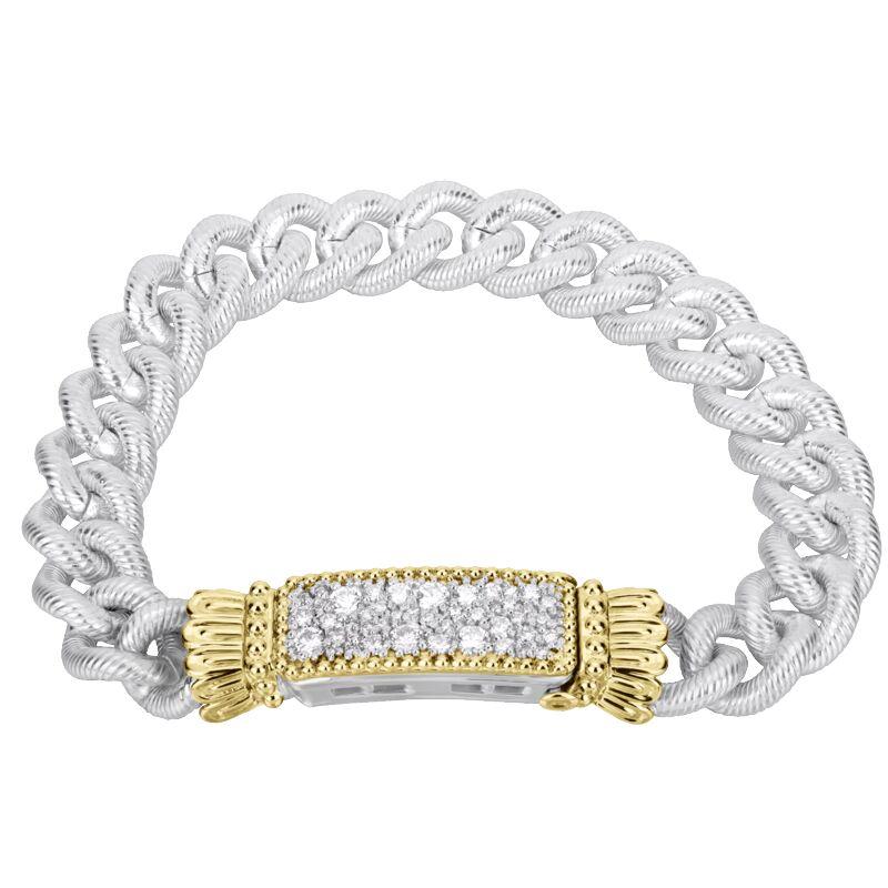 14K Gold and Sterling Silver, Multip-Pave Diamond Bar Chain Bracelet