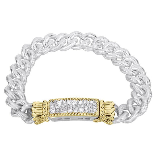 14K Gold and Sterling Silver, Multip-Pave Diamond Bar Chain Bracelet