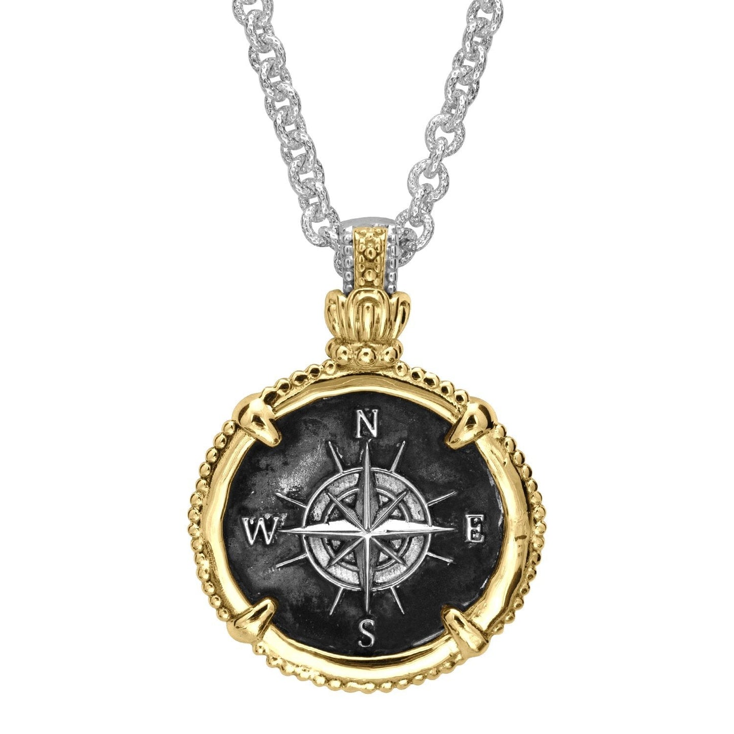 14K Gold and Sterling Silver, Compass Coin Pendant