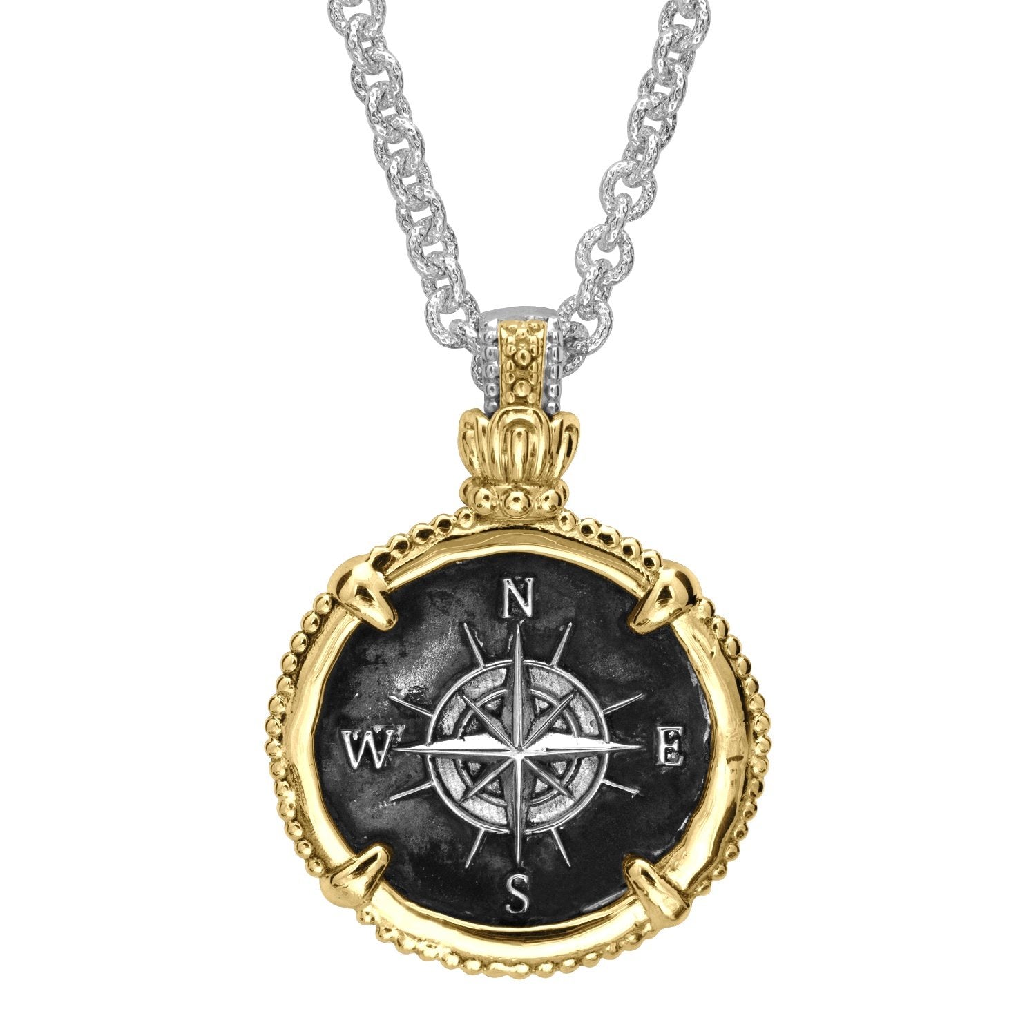 14K Gold and Sterling Silver, Compass Coin Pendant