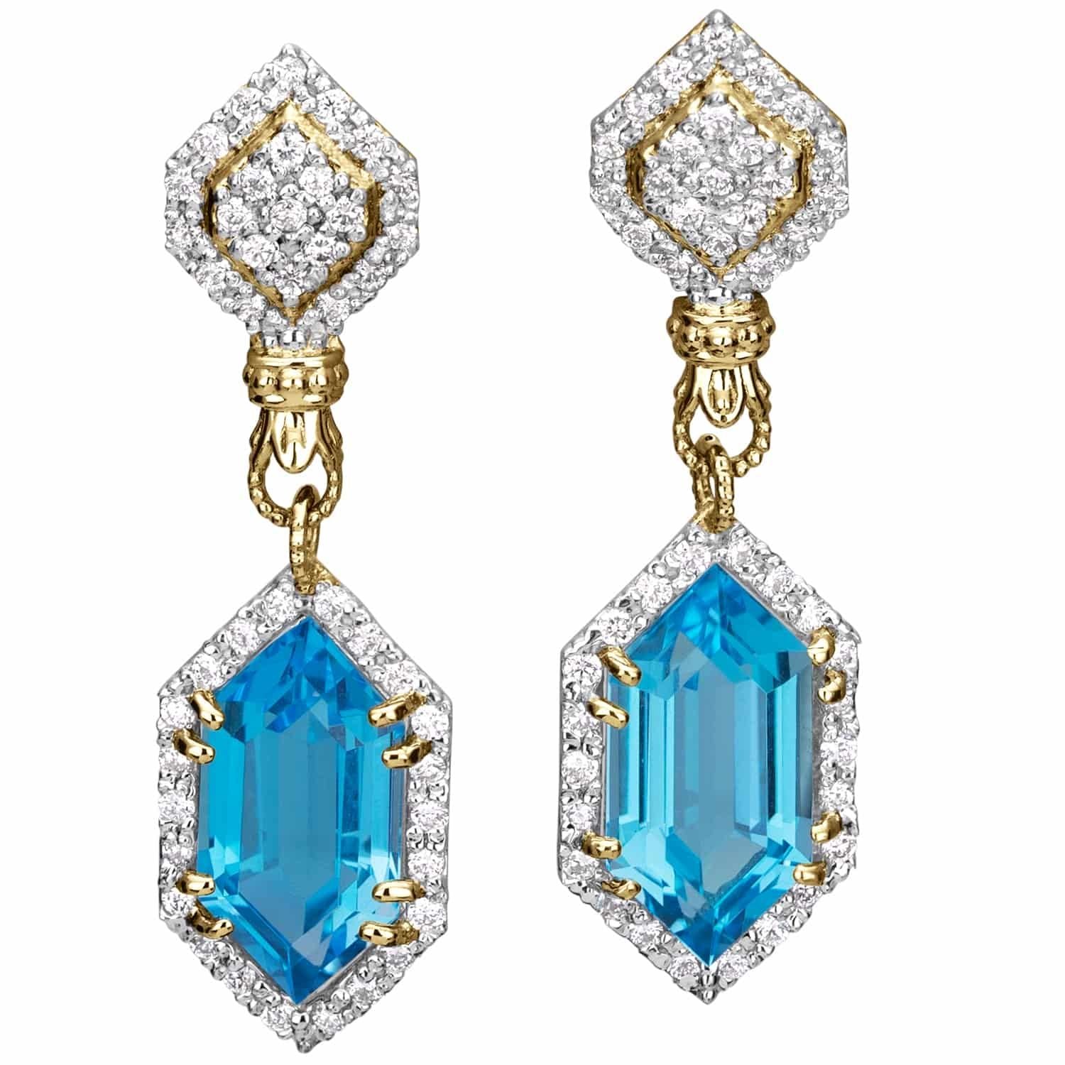 14K Gold, Blue Topaz and Diamond Drop Earrings