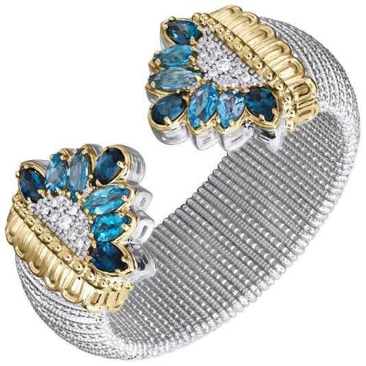 14K Gold and Sterling Silver, Diamond, Blue Topaz, and London Blue Topaz Cuff Bracelet