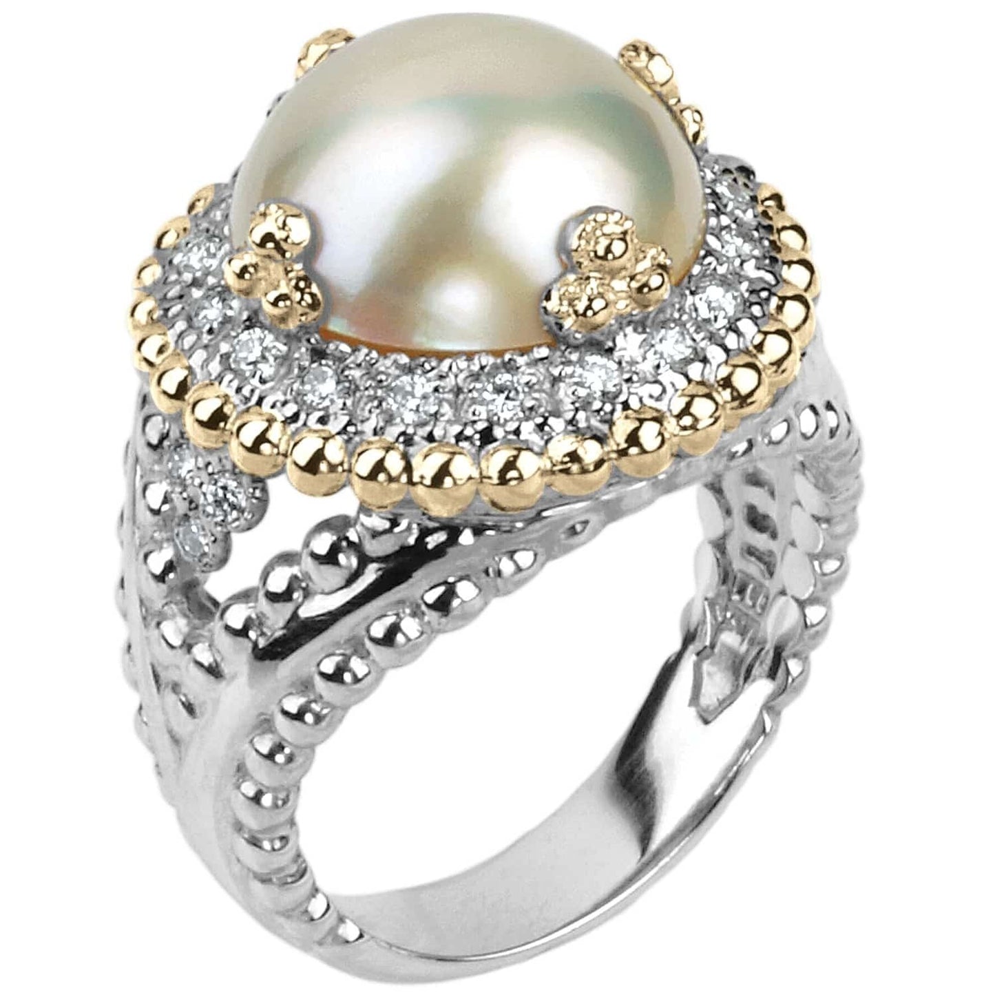 14K Gold and Sterling Silver, Pearl and Diamond Ring