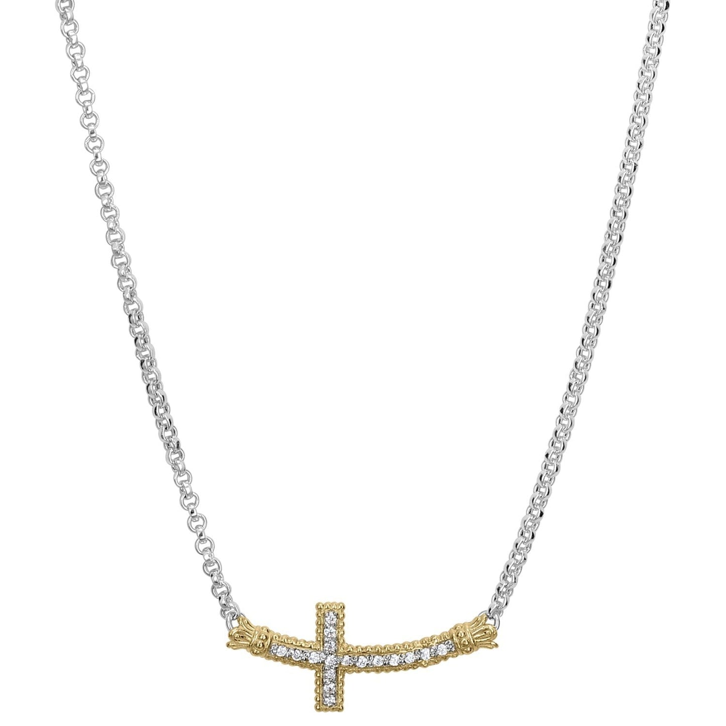 14K Gold and Sterling Silver, Diamond Cross Necklace