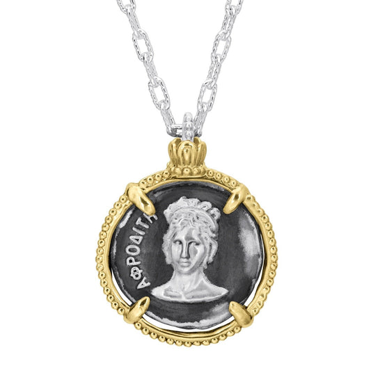 14K Gold and Sterling Silver, Aphrodite Coin Pendant