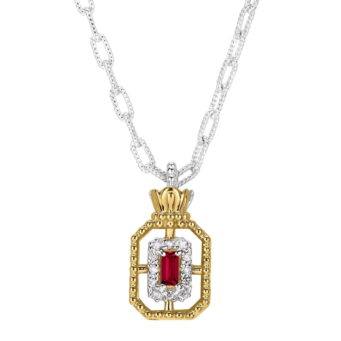14K Gold and Sterling Silver, Ruby and Diamond Pendant Necklace