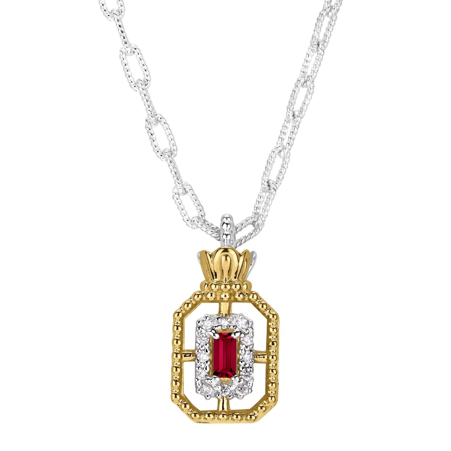 14K Gold and Sterling Silver, Ruby and Diamond Pendant Necklace