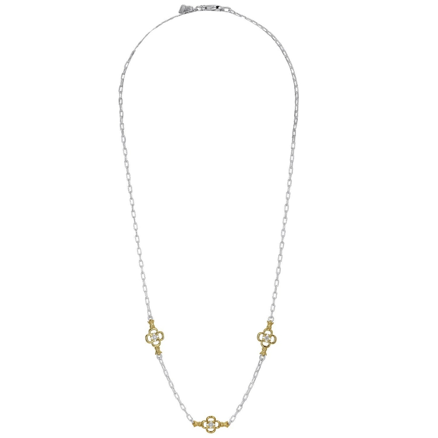 14K Gold and Sterling Silver, Multi-Clover Diamond Necklace