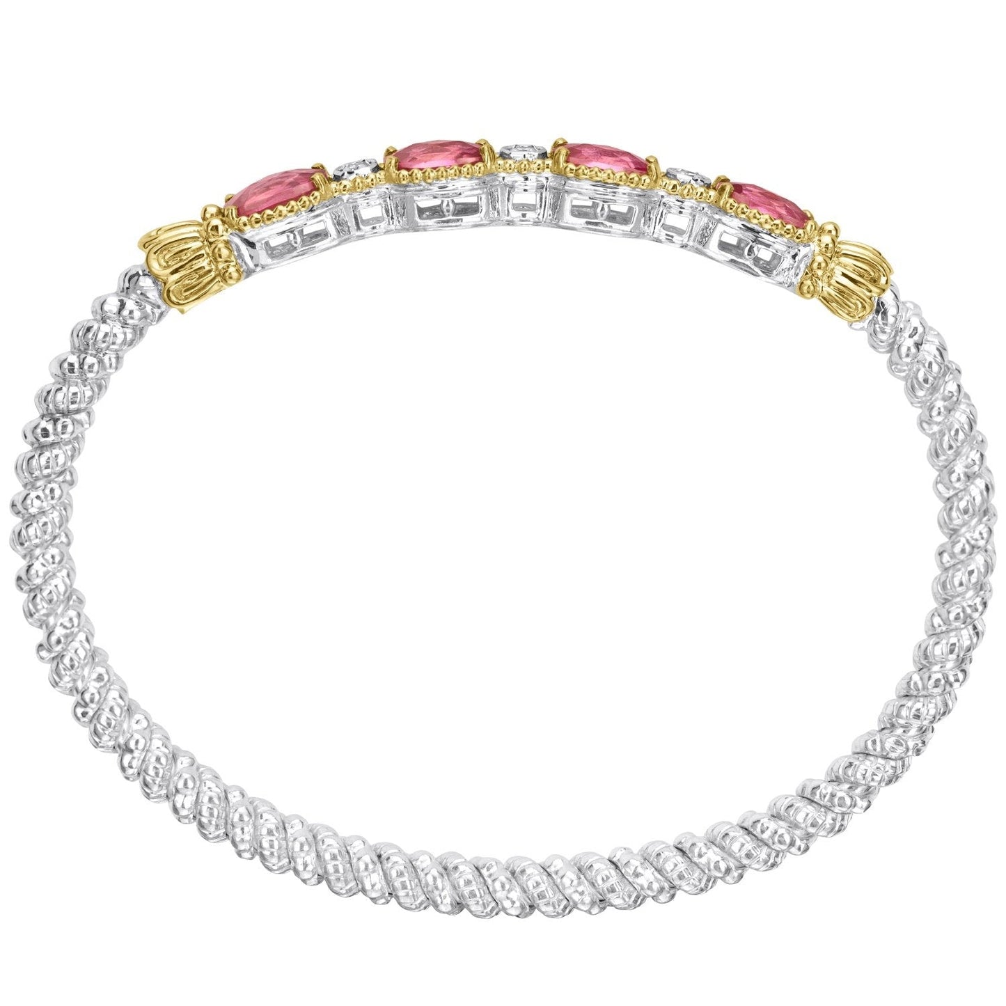 14K Gold and Sterling Silver, Pink Topaz and Diamond Stackable Bracelet