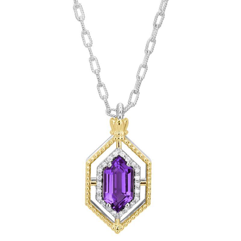 14K Gold and Sterling Silver, Amethyst and Diamond Pendant Necklace