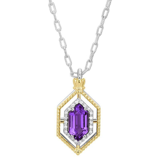 14K Gold and Sterling Silver, Amethyst and Diamond Pendant Necklace