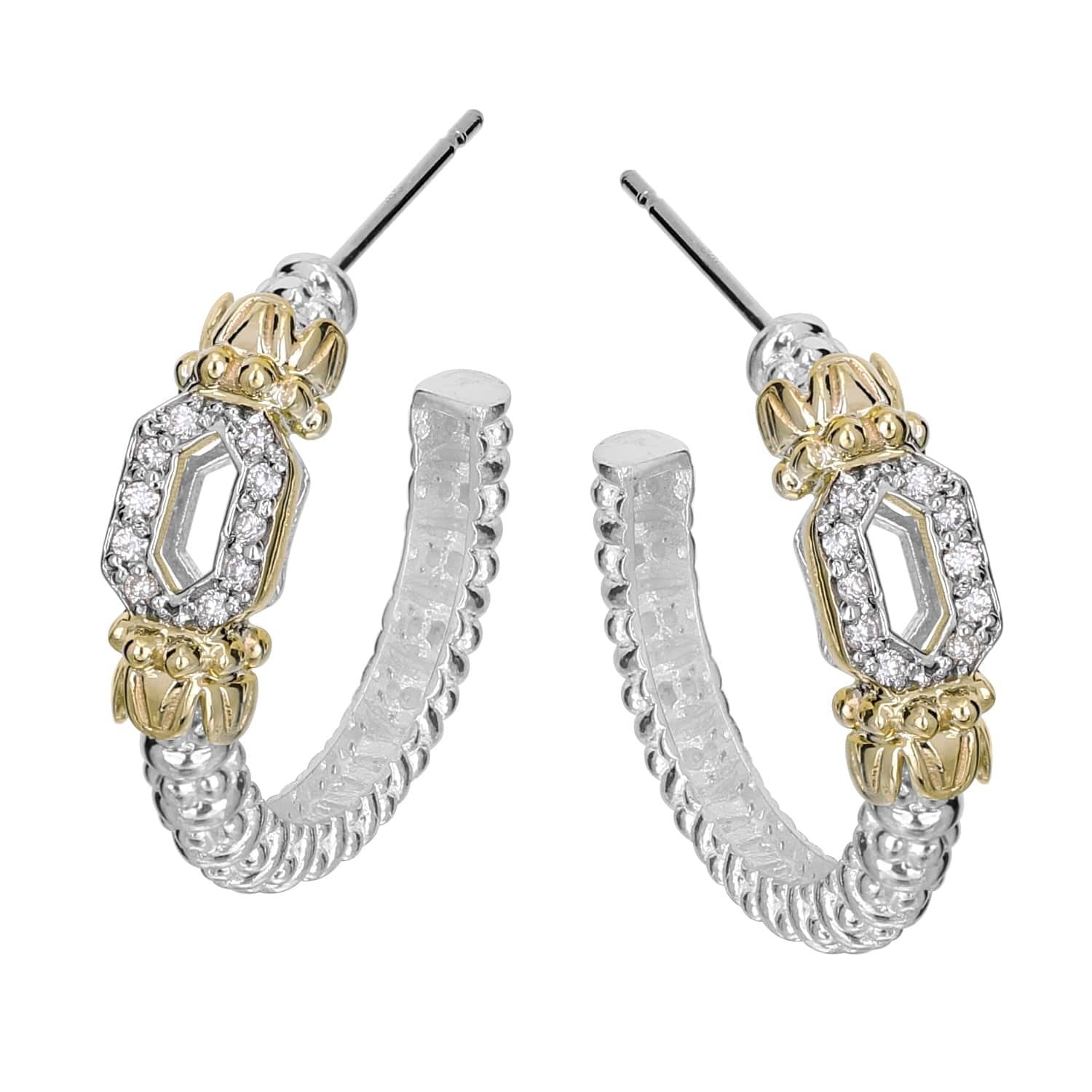 14K Gold and Sterling Silver, Diamond Hoop Earrings