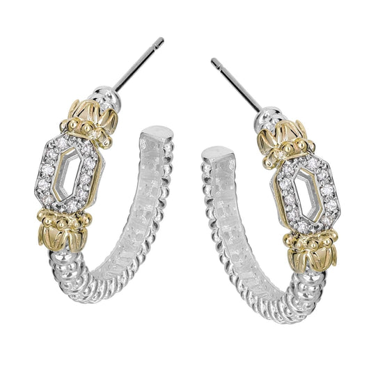 14K Gold and Sterling Silver, Diamond Hoop Earrings